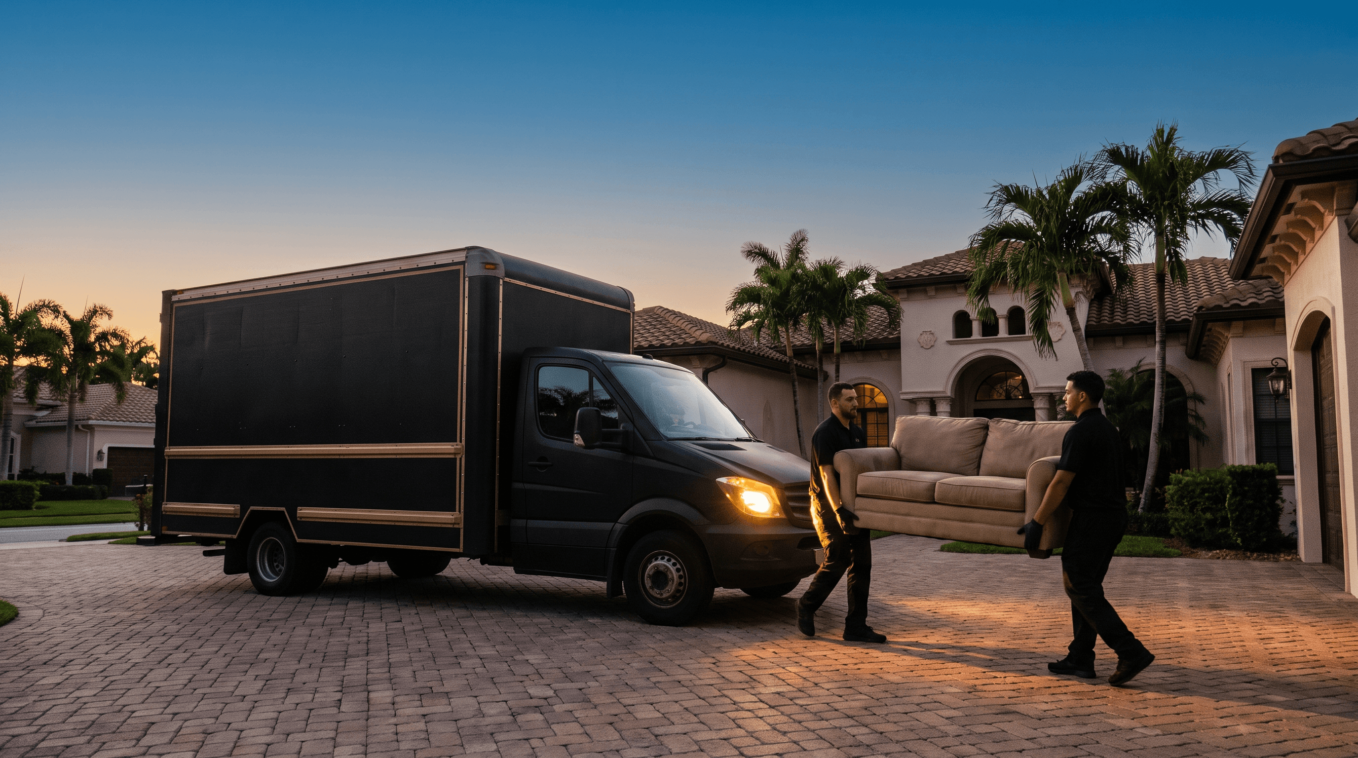 SP Construction crew loading furniture into a matte black truck outside a Boca Raton home at dusk